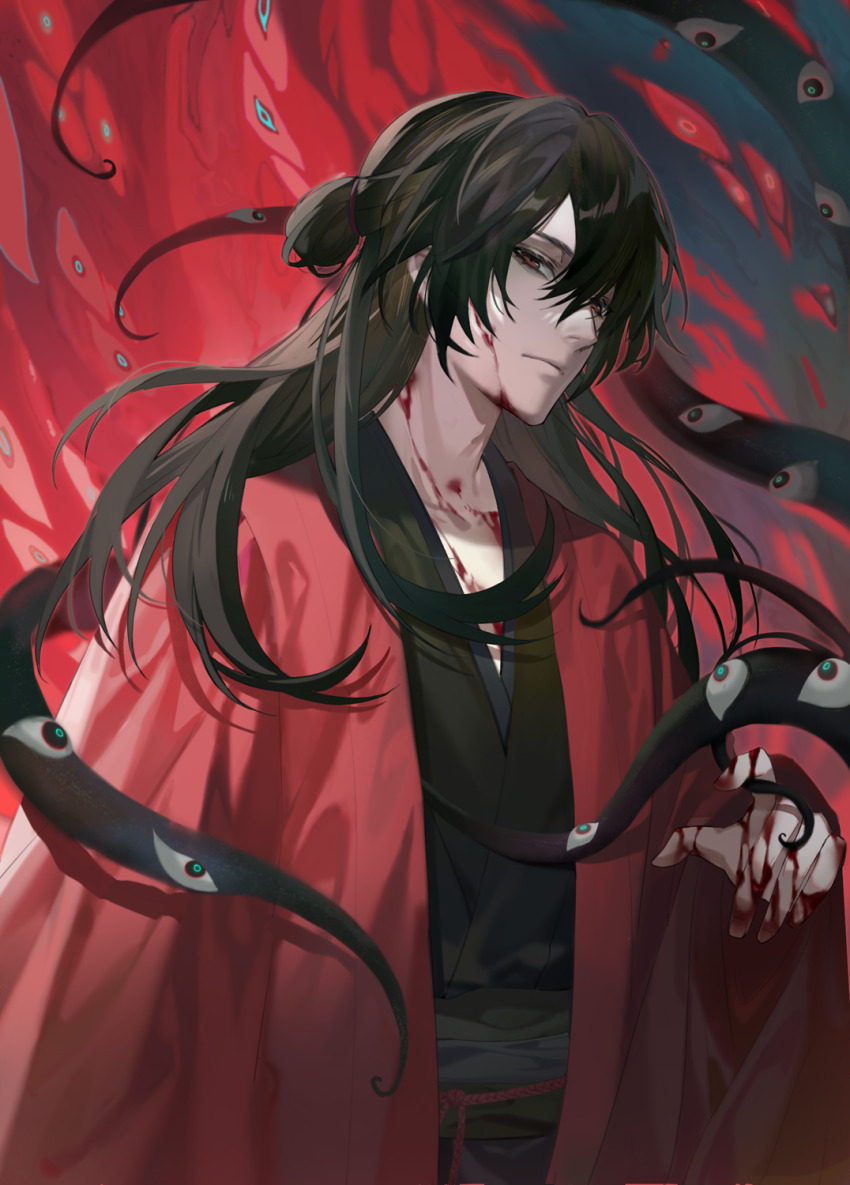 1boy, black_hair, black_hanfu, blood, blood_on_clothes, blood_on_face, blood_on_hands, blood_on_neck