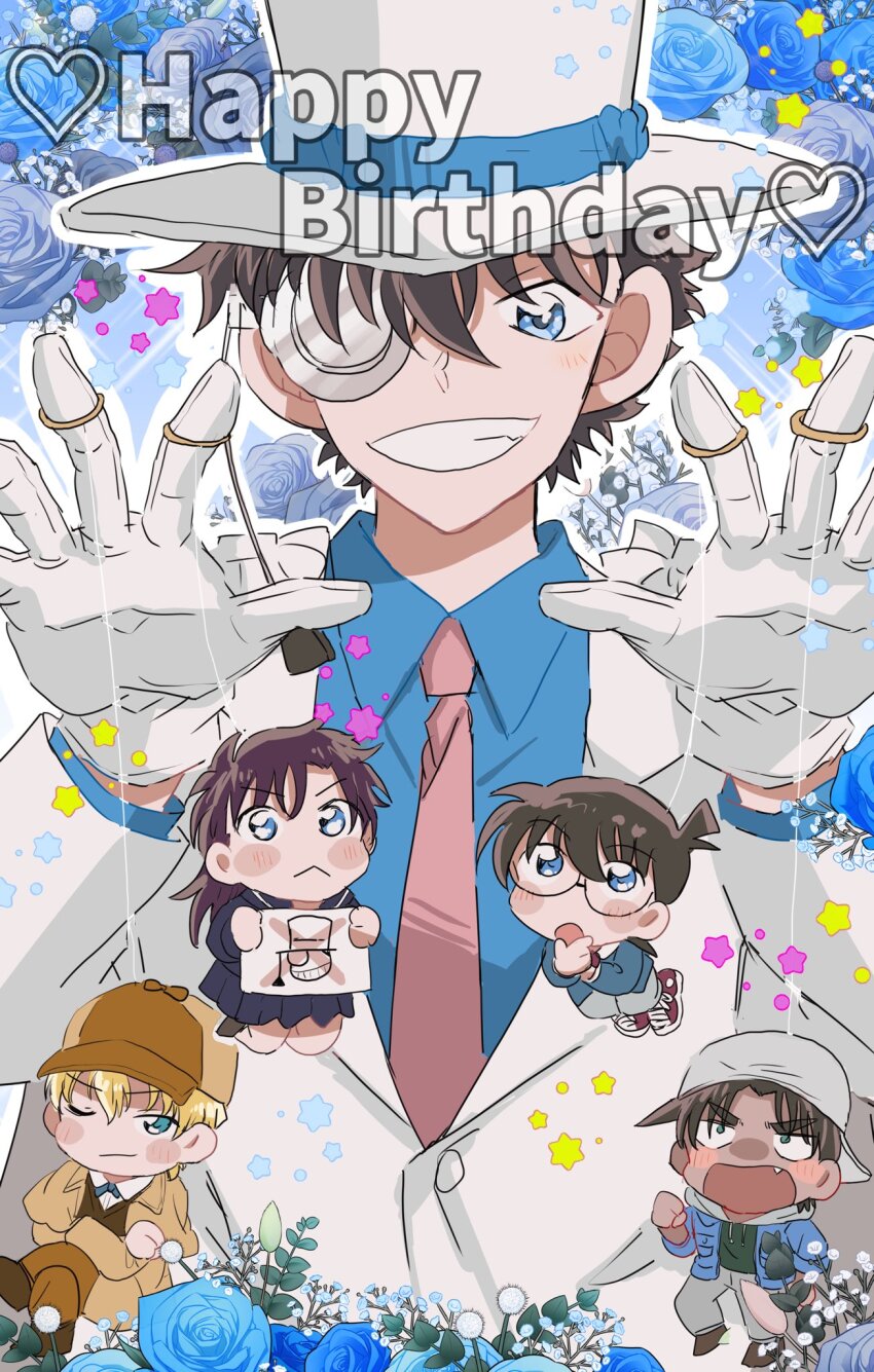 1girl, 4boys, beeemaru02, blue_eyes, blue_flower, blue_rose, blue_shirt, blush