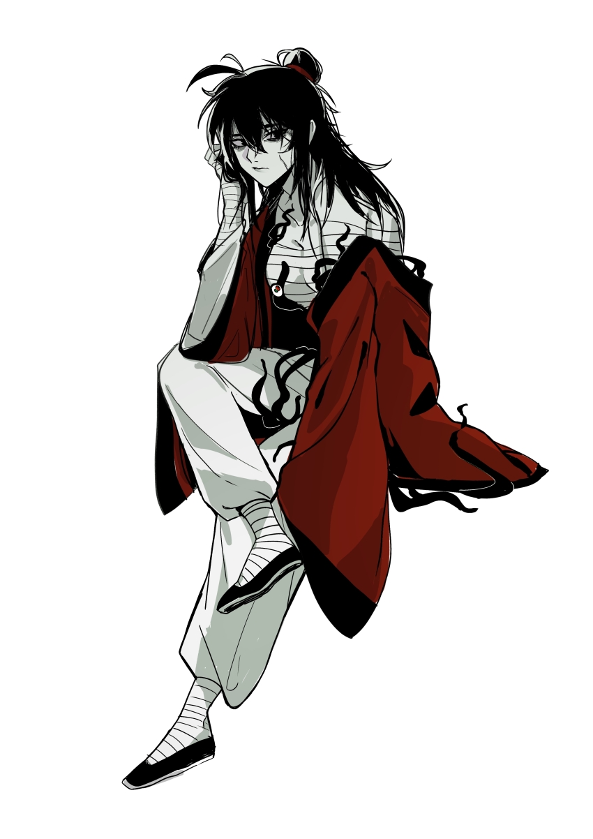 1girl, absurdres, ahoge, bags_under_eyes, bandaged_arm, bandaged_chest, bandaged_foot, bandaged_hand