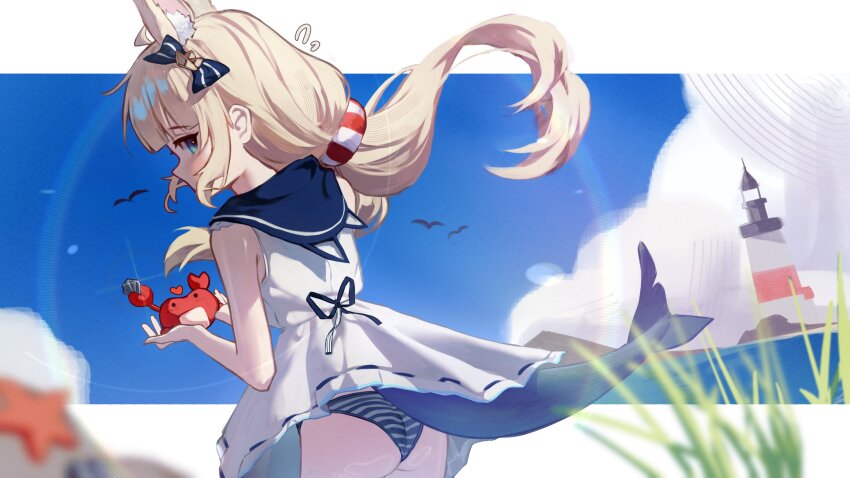 1girl, ?, ahoge, animal_ears, animal_hood, bikini, blonde_hair, blue_bikini, blue_bow, blue_eyes, blue_hair, blue_sky, bongk, bow, breasts, cat_ears, cat_hood, cloud, crab, dress, fins, fish_girl, fish_tail, hair_bow, highres, hood, hooded_dress, indie_virtual_youtuber, kaniki_(sameko_saba), lifebuoy_hair_ornament, lighthouse, long_hair, looking_at_another, low_twintails, multicolored_hair, one_side_up, outdoors, sameko_saba, sky, sleeveless, sleeveless_dress, small_breasts, solo, starfish, streaked_hair, striped_bikini, striped_clothes, swimsuit, tail, twintails, very_long_hair, virtual_youtuber, white_dress