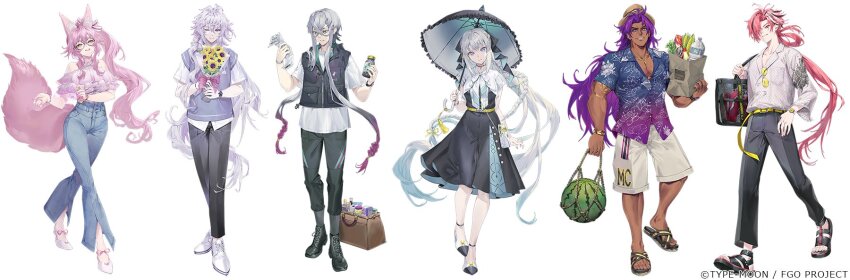 2girls, 4boys, asclepius_(fate), bag, bhima_(fate), bhima_(matsuyuki_cocokara)_(fate), black_pants, copyright_notice, fate/grand_order, fate_(series), flower, food, fruit, highres, holding, holding_umbrella, koyanskaya_(fate), merlin_(fate), morgan_le_fay_(fate), morgan_le_fay_(matsuyuki_cocokara)_(fate), multiple_boys, multiple_girls, official_alternate_costume, official_art, pants, pink_hair, purple_hair, red_hair, sandals, shoulder_bag, takasugi_shinsaku_(fate), umbrella, watermelon, white_hair, yoshimoto_(dear_life)