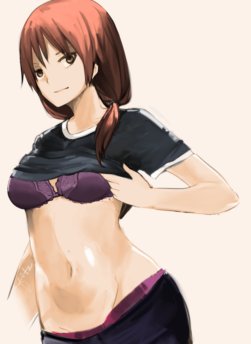 1girl, absurdres, aho_girl, bra, brown_eyes, brown_hair, clothes_lift, field