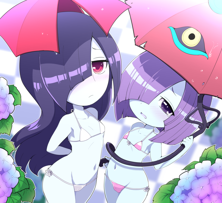 2girls, ameonna_(youkai_watch), ameonna_(youkai_watch_4), bikini, blue_skin, blush, breasts, closed_mouth, colored_skin, flat_chest, flower, hair_over_one_eye, holding, holding_umbrella, light_frown, long_hair, mother_and_child, mother_and_daughter, multiple_girls, navel, nollety, open_mouth, parent_and_child, pink_bikini, pink_eyes, purple_eyes, purple_hair, short_hair, side-tie_bikini_bottom, small_breasts, swimsuit, tears, umbrella, white_bikini, youkai_(youkai_watch), youkai_watch, youkai_watch_2, youkai_watch_4