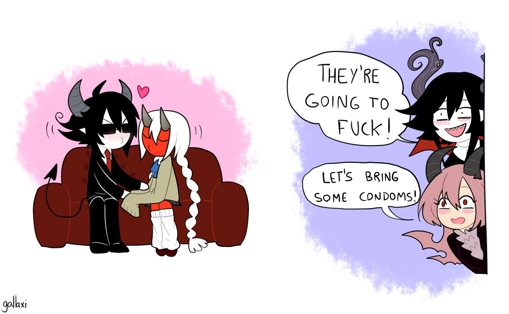 2boys, 2girls, 2koma, black-tinted_eyewear, black_eyes, black_hair, black_pants, black_shoes, black_suit, blue_ribbon, blush, braid, closed_eyes, closed_mouth, colored_skin, comic, couch, demon_boy, demon_girl, demon_horns, demon_tail, english_text, formal_clothes, funamusea, gallaxi, glasses, glasses_(funamusea), green_sweater, heart, horns, imminent_kiss, kiku_(funamusea), lil_(funamusea), long_hair, long_sleeves, loose_socks, multiple_boys, multiple_girls, necktie, o3o, open_mouth, pants, pink_hair, pointy_ears, profanity, red_eyes, red_necktie, red_shoes, red_skin, ribbon, satanick_(funamusea), sharp_teeth, shoes, signature, sitting, sleeves_past_fingers, sleeves_past_wrists, socks, speech_bubble, suit, sunglasses, sweater, tail, teeth, white_hair, white_skin, white_socks