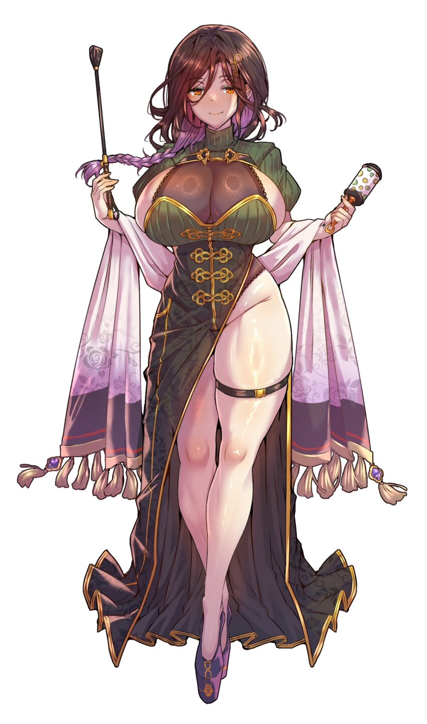 1girl, alternate_costume, black_dress, black_hair, black_leotard, braid, breasts, cleavage, closed_mouth, colored_inner_hair, commentary_request, dress, full_body, green_dress, green_shrug, groin, hair_between_eyes, hair_ornament, highres, holding, large_breasts, legs, leotard, leotard_under_clothes, long_braid, long_hair, long_legs, looking_at_viewer, multicolored_hair, nijisanji, orange_eyes, platform_shoes, purple_hair, purple_shoes, ribbed_shrug, see-through_cleavage, see-through_clothes, shawl, shirayuki_tomoe, shoes, short_sleeves, shrug_(clothing), simple_background, single_bare_leg, single_braid, skindentation, smile, solo, standing, straight-on, thigh_strap, two-tone_dress, two-tone_hair, virtual_youtuber, wakura_(gcdan), white_background, white_shawl