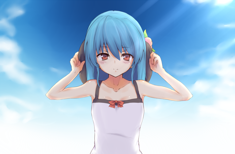 1girl, akisa, alternate_hair_length_(shorter), alternate_hairstyle, bad_id, bad_pixiv_id, blue_hair, bow, cloud, day, dress, female_focus, food, fruit, hat, hinanawi_tenshi, let's_draw_short-haired_hinanawi_tenshi, peach, red_eyes, ribbon, short_hair, sky, smile, solo, touhou