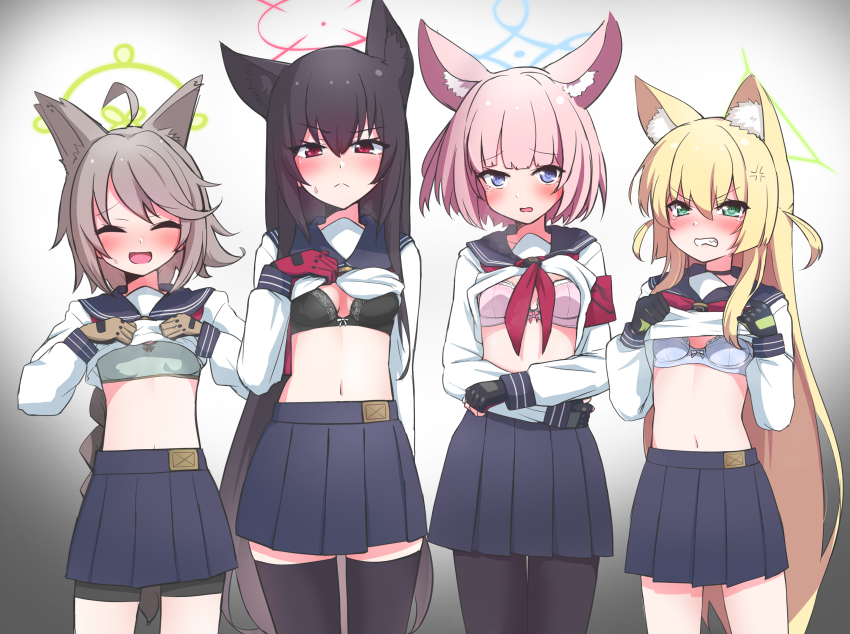 4girls, ahoge, anger_vein, animal_ears, bike_shorts, black_bra, black_pantyhose, blonde_hair