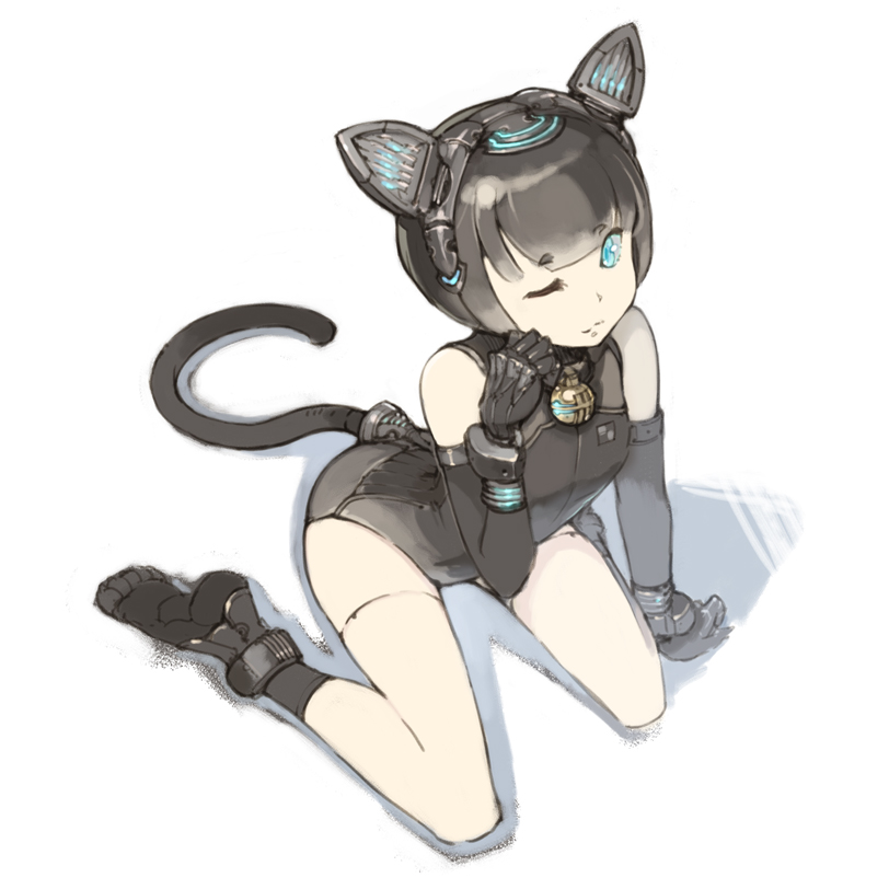 1girl, android, animal_ears, bell, black_hair, blue_eyes, cat_ears, cat_tail, collar, female_focus, kneeling, neck_bell, one_eye_closed, original, robot_ears, shadow, short_hair, simple_background, smile, solo, tail, tko_(artist), tko_(kkk66), wink