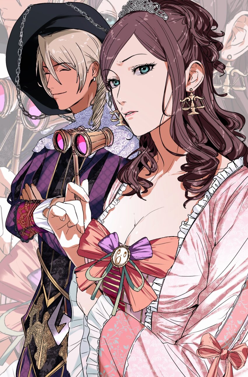 1boy, 1girl, :o, ace_attorney, alternate_breast_size, alternate_costume, alternate_hairstyle, amikoiiko, apollo_justice:_ace_attorney, arm_under_breasts, balance_scale, binoculars, black_hat, black_jacket, blonde_hair, breasts, brooch, brown_hair, capelet, chain, chaperon_hat, closed_eyes, collarbone, crossed_arms, dark-skinned_male, dark_skin, dress, drill_hair, earrings, ema_skye, embroidered_dress, embroidery, fingernails, floral_embroidery, floral_print, frilled_dress, frilled_sleeves, frills, gold_embroidery, gold_jacket, green_eyes, half_updo, hat, highres, holding, holding_binoculars, initial, jacket, jewelry, klavier_gavin, lace, lace-trimmed_dress, lace_trim, large_breasts, layered_dress, light_smile, long_fingernails, long_hair, long_sleeves, looking_at_viewer, lorgnette, mismatched_eyebrows, multicolored_jacket, opera_glasses, pants, pink_dress, pink_lips, pink_ribbon, puff_and_slash_sleeves, puffy_pants, puffy_sleeves, purple_jacket, purple_pants, purple_ribbon, raised_eyebrow, red_jacket, renaissance_clothes, ribbon, single_earring, striped_clothes, striped_pants, tiara, upper_body, vertical-striped_clothes, vertical-striped_pants, wavy_hair, weighing_scale, white_capelet, white_ribbon, yellow_pants, zoom_layer