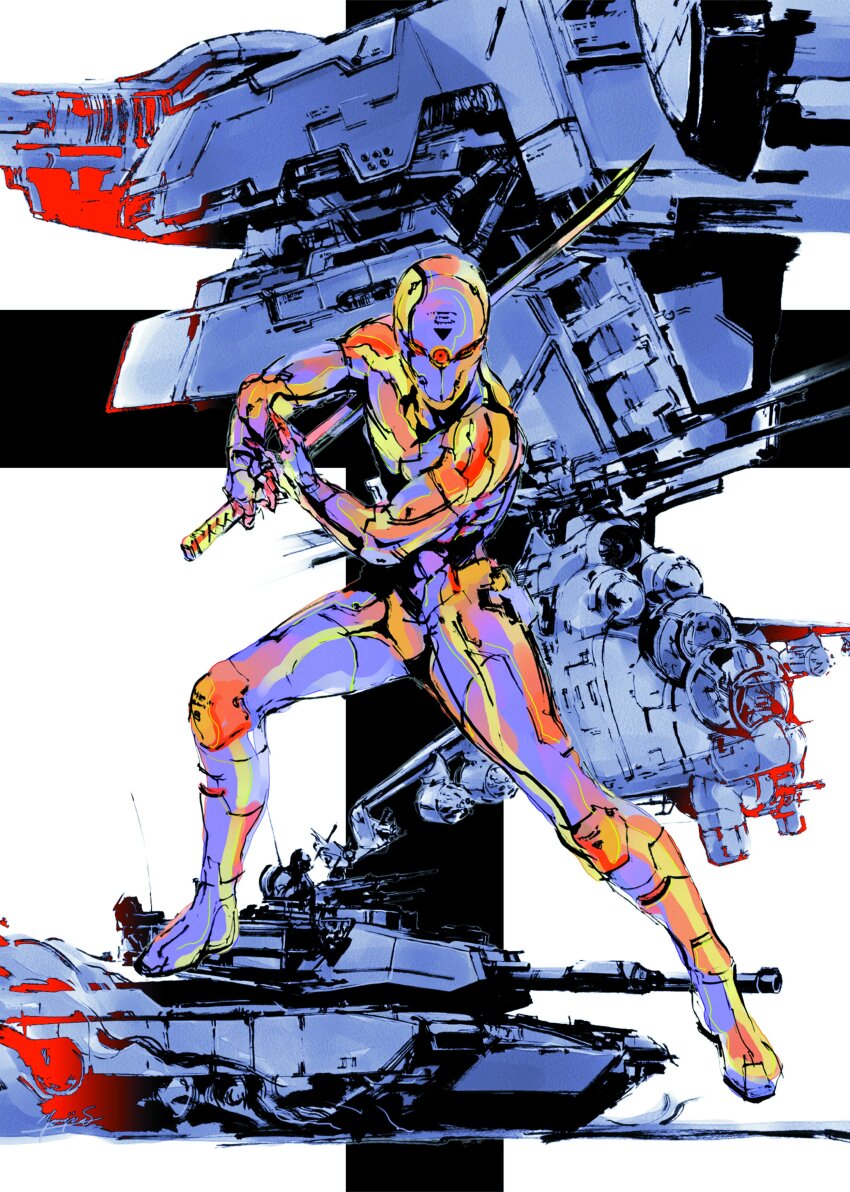 1boy, absurdres, aircraft, armor, attack_helicopter, cyborg, faceplate, fighting_stance