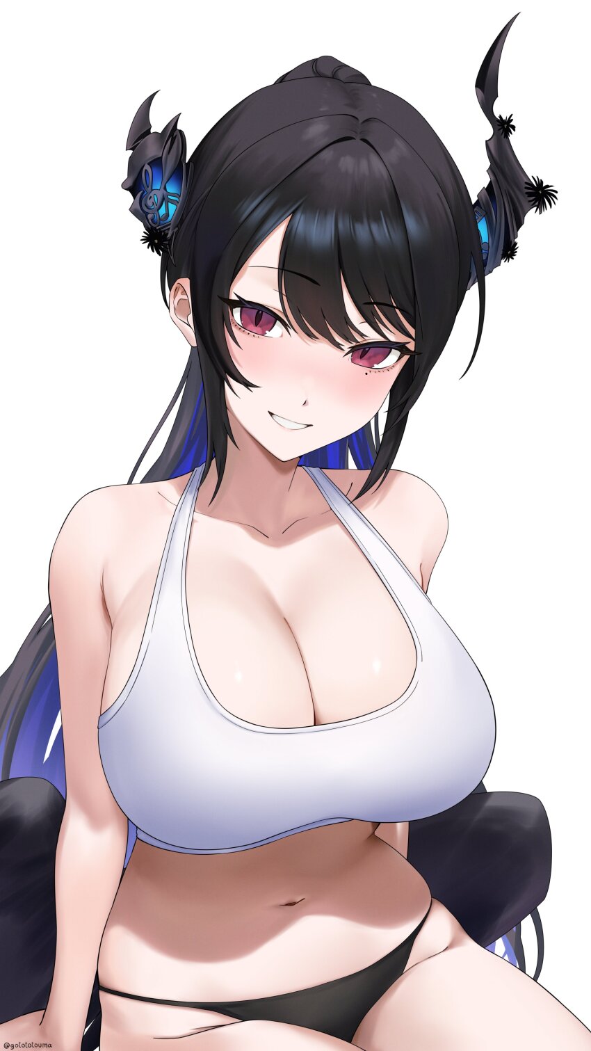 1girl, absurdres, asymmetrical_horns, bare_shoulders, black_hair, black_panties, black_wings, blue_hair
