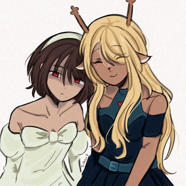 1girl, 1other, alien_stage, animal_ears, antlers, black_dress, blonde_hair, brown_hair