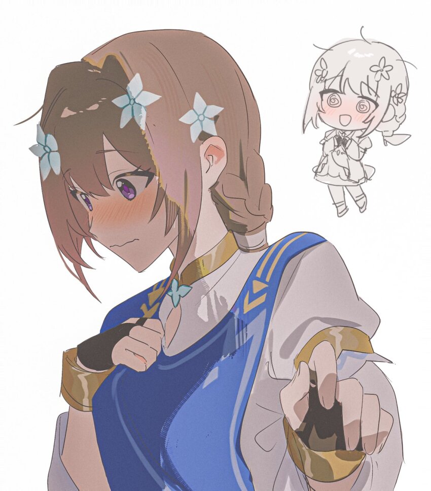 1girl, black_gloves, blue_dress, blush, brown_hair, direidyth_(genshin_impact), dress, fingerless_gloves