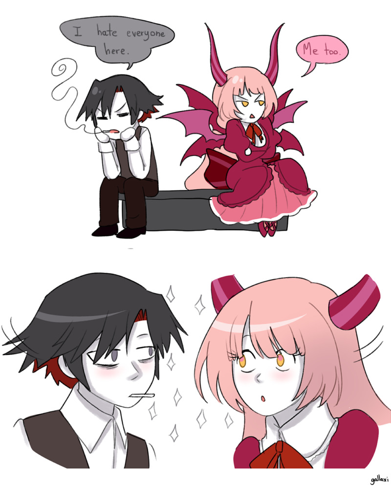 1boy, 1girl, 2koma, :o, =_=, back_bow, black_hair, black_shoes