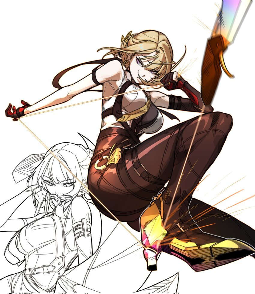 1girl, arm_strap, black_gloves, black_pants, blonde_hair, breasts, chest_harness, evelyn_chevalier