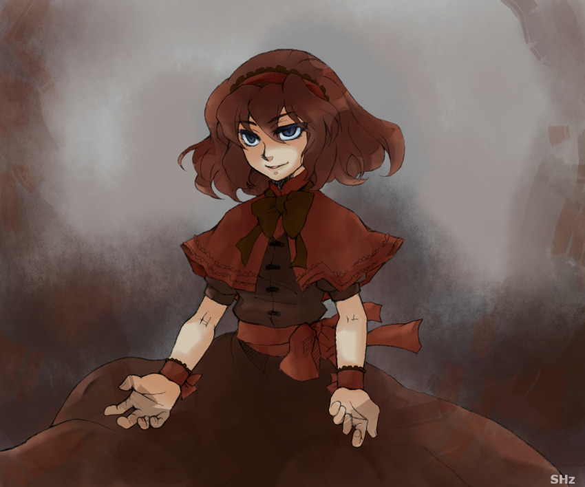 1girl, alice_margatroid, alternate_color, bow, brown_bow, brown_dress, brown_hair, capelet