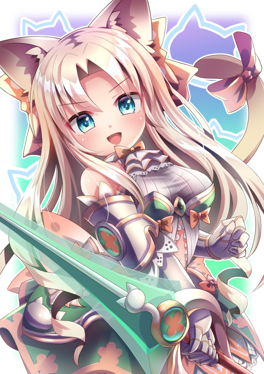 1girl, animal_ears, armor, armored_dress, blue_eyes, breasts, brown_hair, cat_ears
