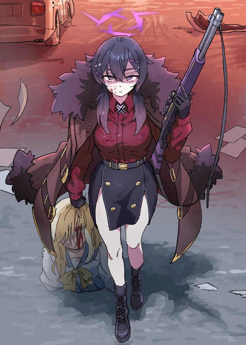 2girls, aru_(blue_archive), aru_(blue_archive)_(cosplay), blood, blue_archive, breasts, cosplay, expressionless