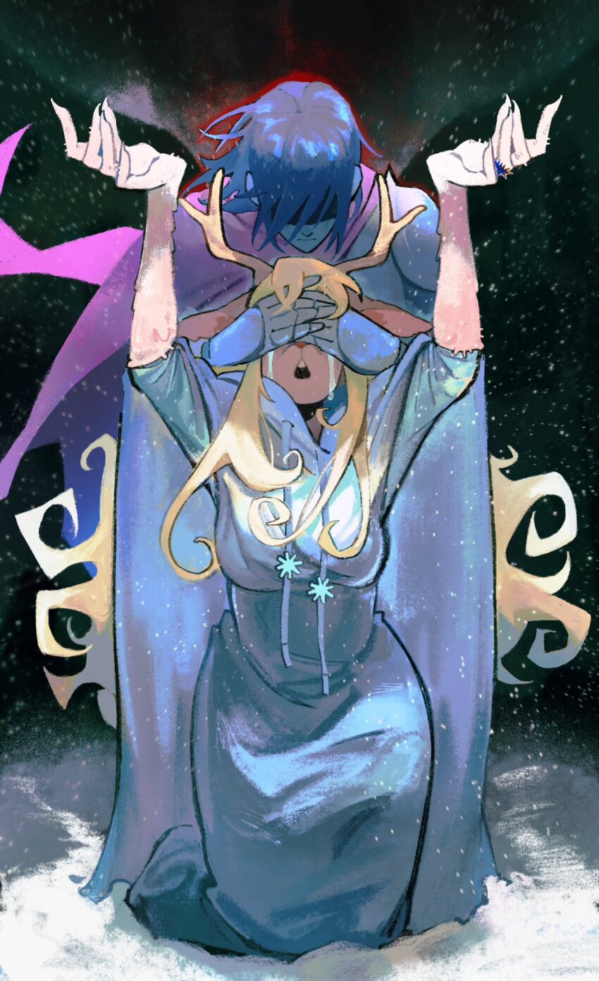 1girl, 1other, antlers, arms_up, blonde_hair, blue_hair, bourbonciely, breasts, cape, commentary, covering_another's_eyes, deer_antlers, deer_girl, deltarune, english_commentary, furry, furry_female, highres, horns, jewelry, kneeling, kris_(dark_world)_(deltarune), kris_(deltarune), long_hair, noelle_holiday, noelle_holiday_(dark_world), open_mouth, pink_cape, ring, robe, short_hair, snow, snowing, tears, thorn_ring_(deltarune), utdr_(toby_fox), weird_route_(deltarune), white_robe