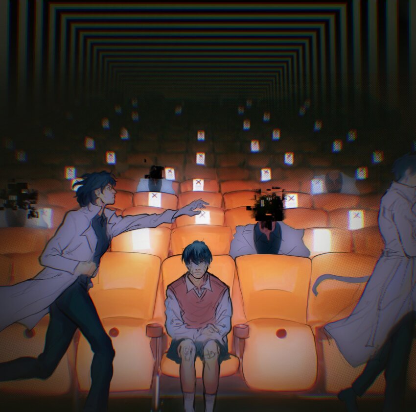 1girl, 2boys, :/, atmospheric_perspective, bandaid, bandaid_on_face, bandaid_on_knee, bandaid_on_leg