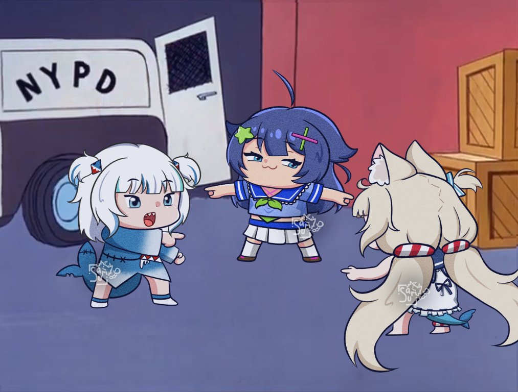 3girls, ahoge, animal_ear_fluff, animal_ears, blonde_hair, blue_eyes, blue_hair, blue_sailor_collar