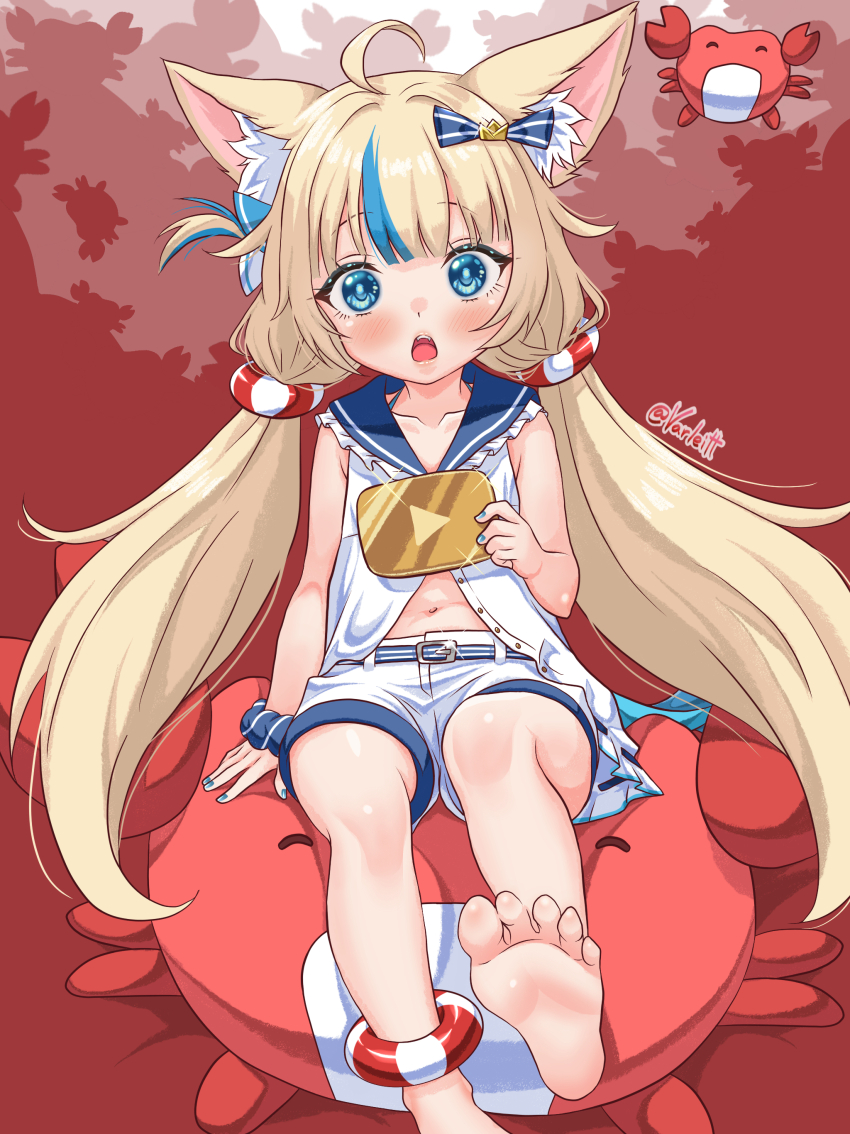 1girl, absurdres, animal_ear_fluff, animal_ears, barefoot, blonde_hair, blue_eyes, blue_nails