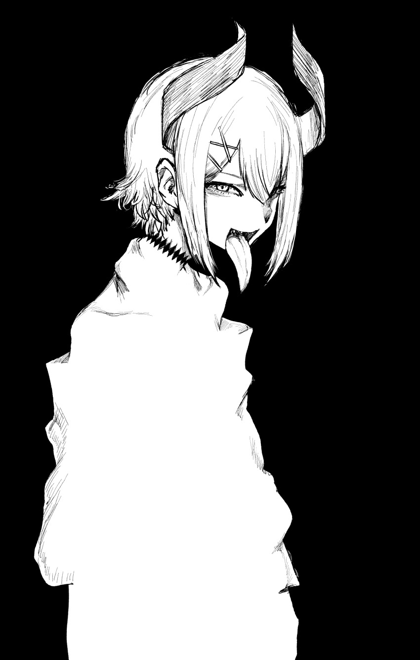 1girl, absurdres, agusuke, highres, levi_elipha, levi_elipha_(1st_costume), long_tongue, monochrome