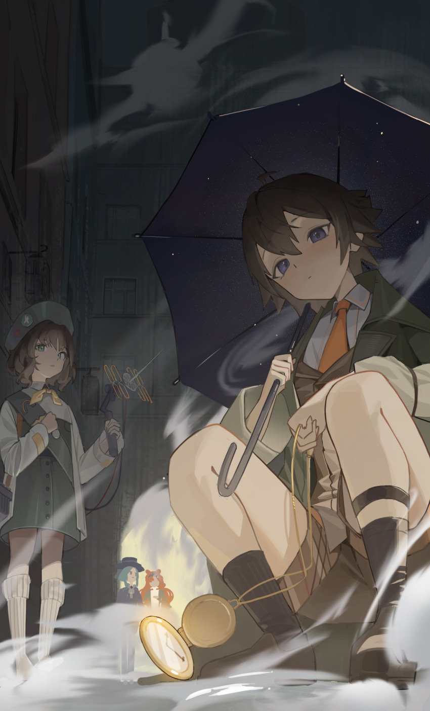 1boy, 3girls, beret, black_shoes, black_socks, black_umbrella, blue_eyes, brown_hair, brown_shorts, closed_mouth, coat, collared_shirt, dark, ddul_(hauluimubingoj1), dot_mouth, dress, eagle_(reverse:1999), from_below, green_dress, green_eyes, green_hat, green_sash, grey_coat, hat, highres, holding, holding_pocket_watch, holding_umbrella, looking_at_viewer, multiple_girls, neckerchief, necktie, oliver_fog, orange_necktie, pocket_watch, reverse:1999, sash, shirt, shoes, short_dress, short_hair, shorts, shoulder_sash, smoke, socks, sonetto_(reverse:1999), squatting, standing, umbrella, vertin_(reverse:1999), watch, white_coat, white_shirt, white_socks, yellow_neckerchief