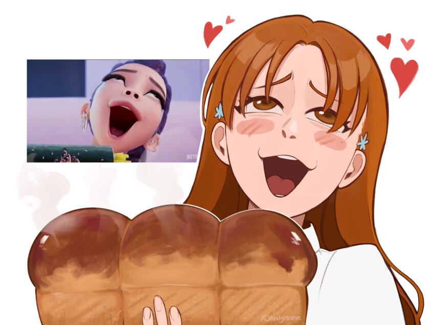 1girl, bleach, blush_stickers, bread, brown_eyes, commentary, food, heart