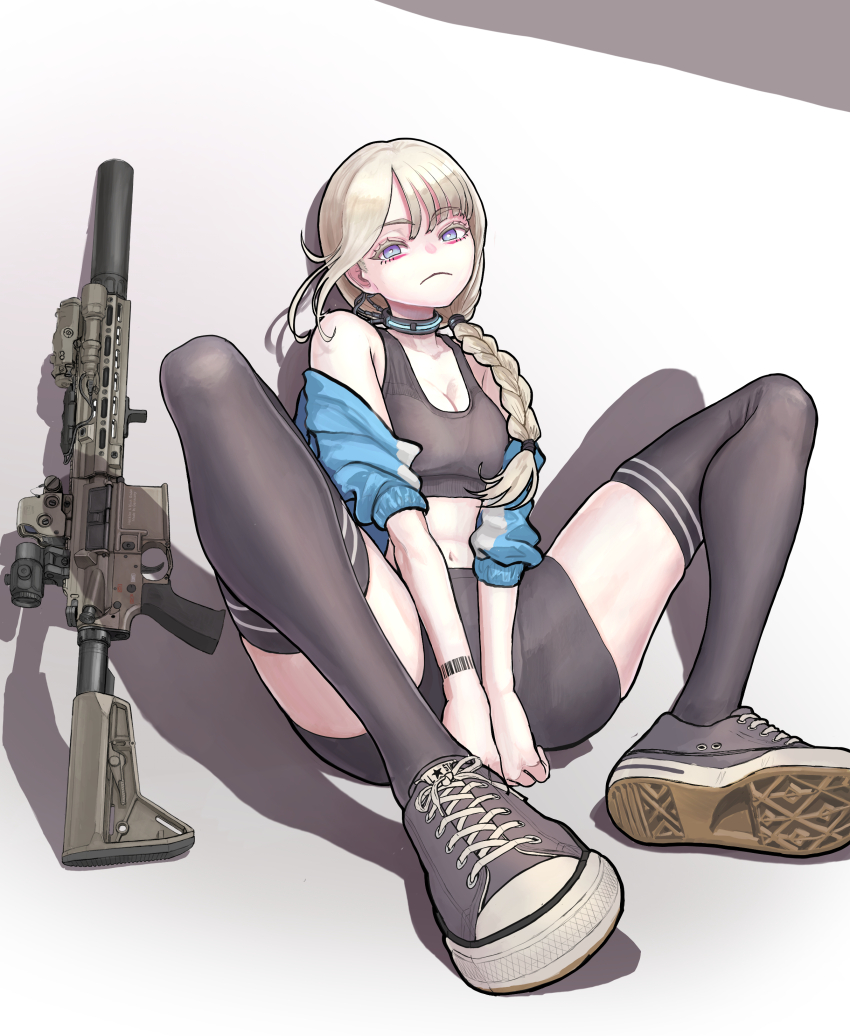 1girl, absurdres, arms_between_legs, assault_rifle, barefoot, black_shirt, black_shoes, black_sports_bra
