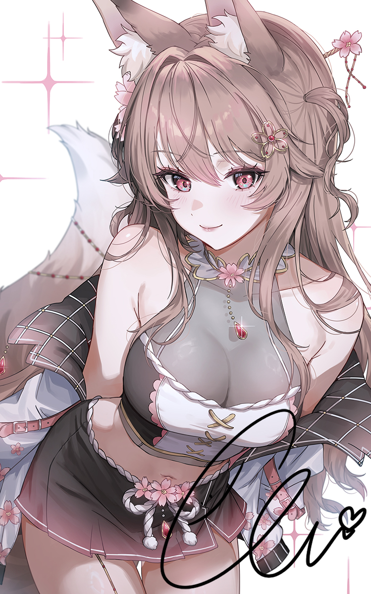 1girl, animal_ears, armpit_crease, bare_shoulders, black_skirt, breasts, brown_hair, cleavage