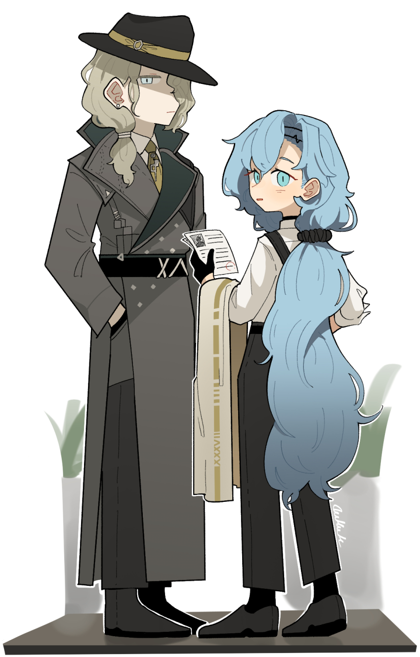 1boy, 1girl, 37_(reverse:1999), 6_(reverse:1999), 6_(time_and_location)_(reverse:1999), alternate_costume, black_gloves, black_hat