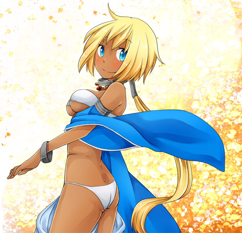 1girl, alternate_color, ass, back, bikini, blonde_hair, blue_eyes, blue_sleeves