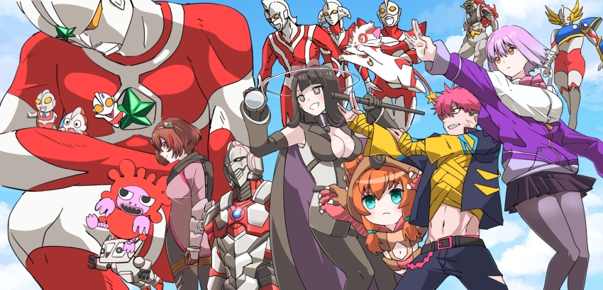 aguila, alien, animal_hands, annotated, black_directive, bodysuit, bow, bowtie, cardigan, claws, color_timer, colored_skin, commentary_request, company_connection, crossover, gao, gauma, giant, gloves, gridman_universe, highres, holding, holding_staff, instance_domination, jacket, kaiju_decode, kaijuu_step, melos_(ultra_series), mildred_(kaiju_decode), multicolored_skin, multiple_boys, multiple_girls, multiple_persona, nyan_(ultra_nyan), orange_hair, pag, paw_gloves, personification, pigmon, purple_bow, purple_bowtie, purple_jacket, shinjou_akane, sky, ssss.dynazenon, ssss.gridman, staff, stuffed_dinosaur, the_ultraman_(anime), the_ultraman_(manga), tokusatsu, tsuburaya_productions, ultra_kaijuu_gijinka_keikaku, ultra_nyan, ultra_series, ultraman, ultraman:_the_adventure_begins, ultraman_(hero's_comics), ultraman_blazar_(series), ultraman_chou_toushi_gekiden, ultraman_chuck, ultraman_joneus, ultraman_kids, ultraman_scott, ultraman_suit_(hero's_comics), ultrawoman_beth, umakizu, white_cardigan