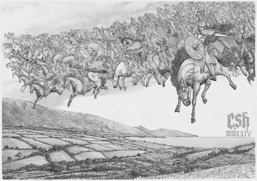 1boy, 6+girls, armor, artist_name, braid, christian_sloan_hall, field, flying