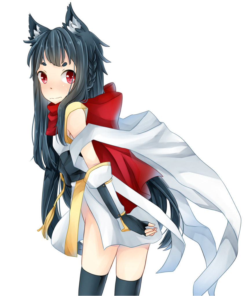 1girl, alternate_color, animal_ears, black_hair, black_thighhighs, blush, cat_ears, cat_girl