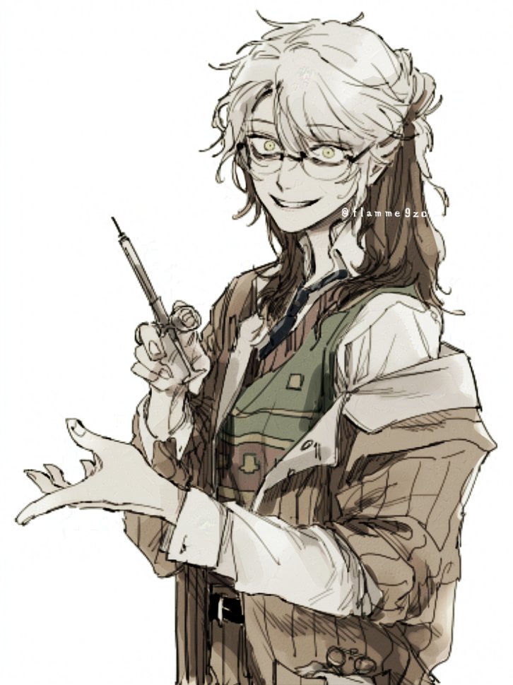 1other, brown_hair, brown_jacket, crazy_smile, glasses, green_vest, grin, gyujik_qzc