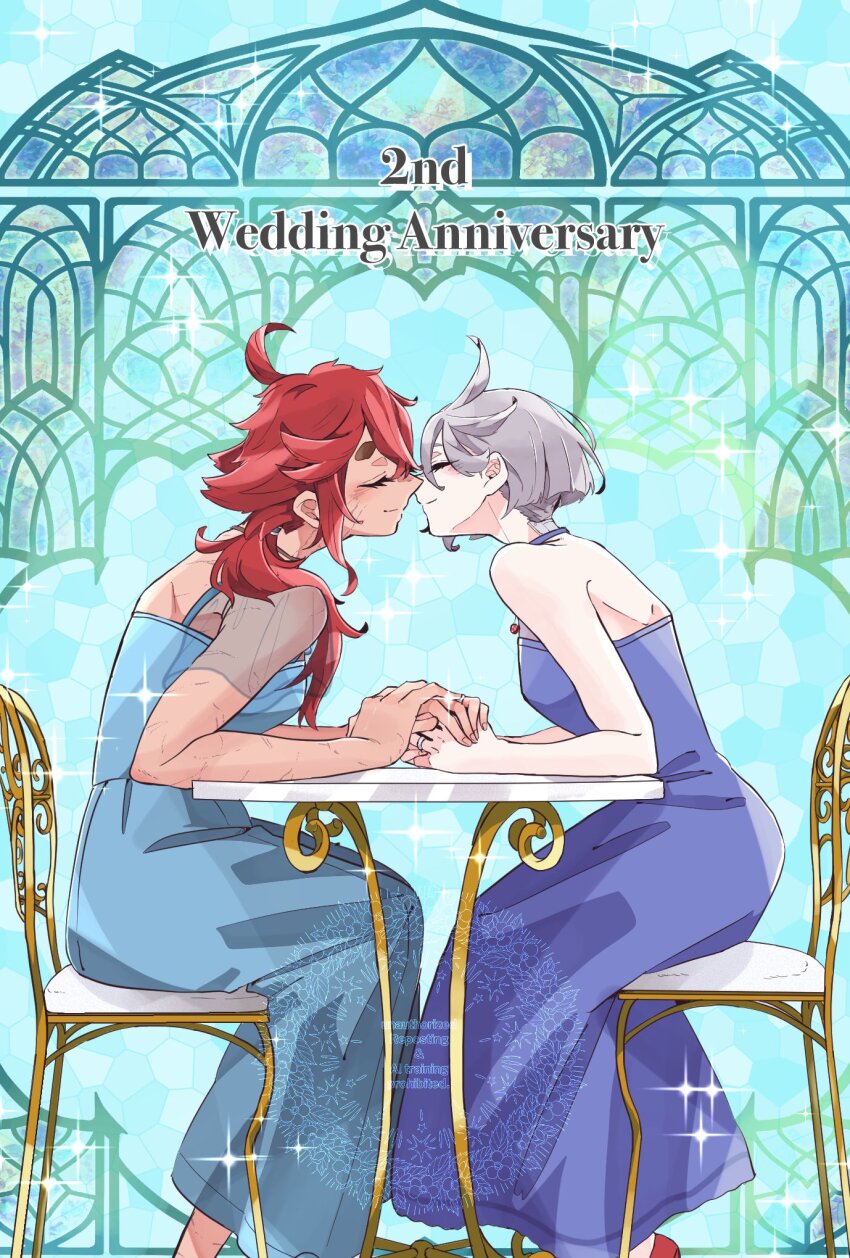 2girls, anniversary, blue_dress, chair, closed_eyes, closed_mouth, commentary_request, dark-skinned_female