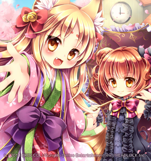 2girls, animal_ears, bare_shoulders, bell, black_dress, blonde_hair, brown_eyes, brown_hair