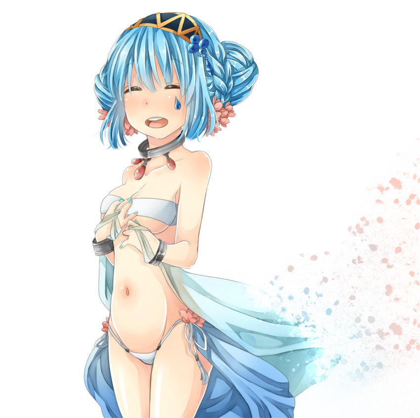 1girl, bikini, black_hairband, blue_hair, blue_nails, blue_skirt, blush, breasts