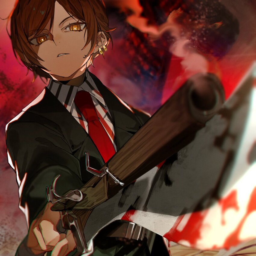 1girl, blood, bloody_weapon, brown_hair, coat, dark-skinned_female, dark_skin, earrings