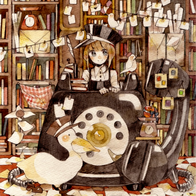 1girl, antique_phone, apple, bird, blue_eyes, brown_hair, duck, envelope, female_focus, food, fruit, hat, ichiko_(hanakasu), original, peaked_cap, phone, rotary_phone, shoes, smile, solo, weighing_scale