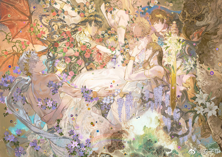 1girl, 5boys, anzishen, bai_qi_(love_and_producer), bare_shoulders, bird, blue_eyes, bottle