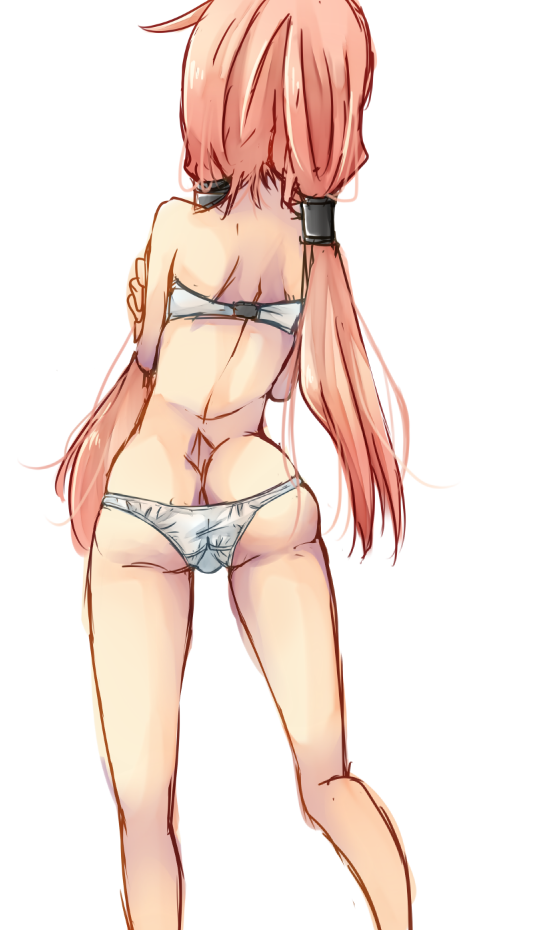 1girl, alchemist_(ragnarok_online), ass, back, bra, butt_crack, commentary_request, feet_out_of_frame, from_behind, hair_tubes, low_twintails, meiko_(nattu303), panties, pink_hair, ragnarok_online, simple_background, solo, standing, twintails, underwear, white_background, white_bra, white_panties