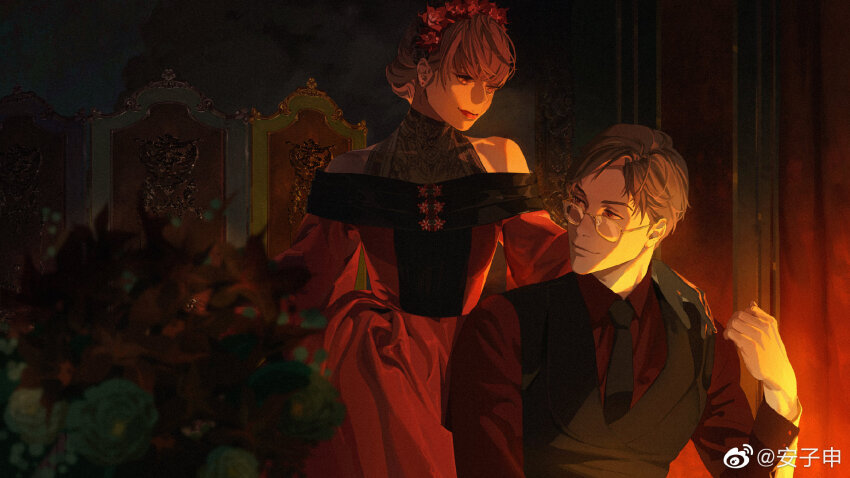 1boy, 1girl, anzishen, black_necktie, brown_hair, chair, crown, dress