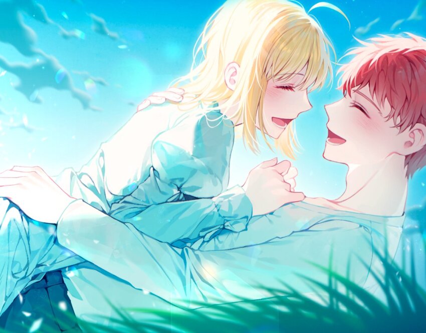 1boy, 1girl, ahoge, artoria_pendragon_(fate), avalon_(fate), baboteolsegongsa, blonde_hair, blush