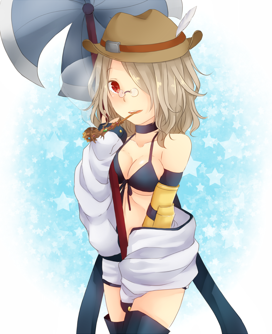 1girl, armor, axe, bikini, bikini_top_only, black_bikini, black_thighhighs, blue_background