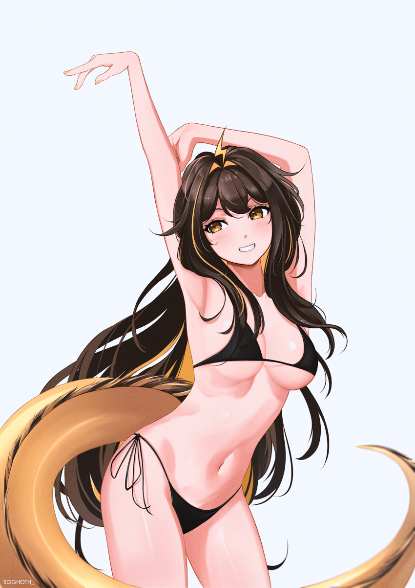 1girl, ahoge, arm_behind_head, armpits, arms_up, bikini, black_bikini, blonde_hair