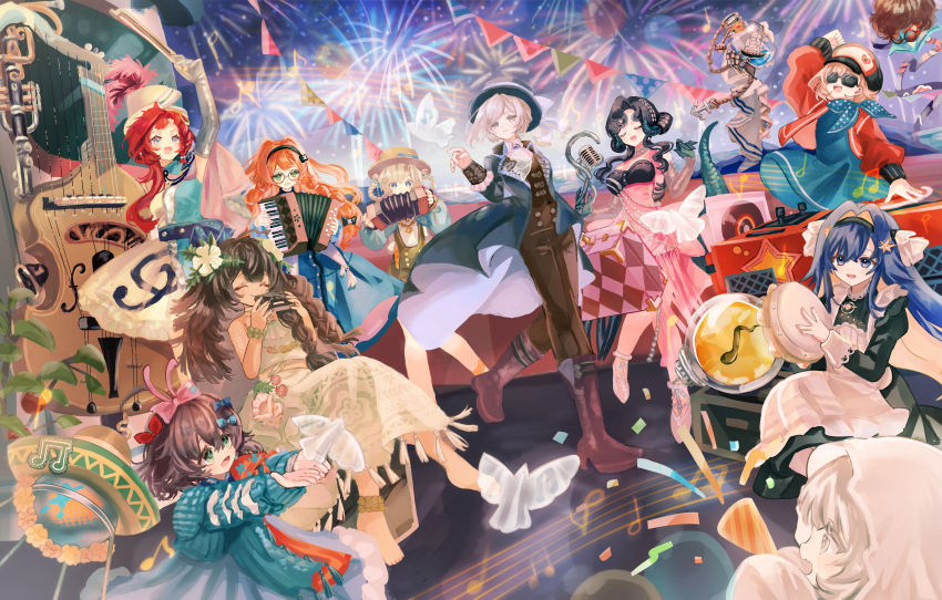 1boy, 6+girls, :d, absurdres, accordion, anjo_nala, apple, apple_(reverse:1999)