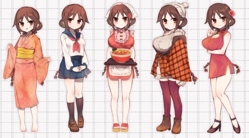 1girl, alternate_costume, apron, arm_under_breasts, barefoot, beanie, blue_sailor_collar, blue_skirt, boots, bowl, braid, breasts, brown_boots, brown_eyes, brown_hair, brown_shoes, brown_socks, china_dress, chinese_clothes, cleavage, cleavage_cutout, closed_mouth, clothing_cutout, coat, commentary_request, dress, flower, food_request, grey_hat, grey_sweater, hair_flower, hair_ornament, hat, high_heels, highres, holding, holding_tray, japanese_clothes, kimono, kneehighs, large_breasts, loafers, long_hair, long_sleeves, looking_at_viewer, maid, maid_apron, multiple_views, neckerchief, obi, open_mouth, orange_coat, orange_kimono, plaid_clothes, plaid_coat, pleated_skirt, red_dress, red_flower, red_neckerchief, red_thighhighs, ryoukenle, sailor_collar, sandals, sash, school_uniform, serafuku, shirt, shoes, short_dress, skirt, sleeveless, smile, socks, sweater, tachibana_yuzuki, taishou_otome_otogibanashi, thighhighs, tray, waist_apron, white_apron, white_shirt, winter_clothes, yellow_sash